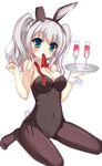  animal_ears blue_eyes bunny_ears bunny_tail bunnysuit cup detached_collar drinking_glass goblet highres kantai_collection kashima_(kantai_collection) long_hair mouth_hold pantyhose silver_hair single_wrist_cuff solo tail tray twintails vivian_(lancerhd) wavy_hair wine_glass 