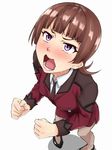  active_raid blush brown_hair brown_legwear clenched_hand from_above kazari_asami looking_up magekichi necktie open_mouth pantyhose pigeon-toed purple_eyes short_hair skirt skirt_set solo uniform wavy_mouth 