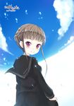  1girl black_serafuku braid brown_hair cloud copyright_name euphoria euphoria_(clockup) hitsugi looking_at_viewer looking_back manaka_nemu outdoors purple_eyes serafuku short_hair sky smile solo tied_hair 