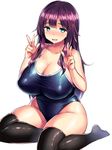  bare_shoulders blue_eyes blush breasts cleavage competition_school_swimsuit curvy double_v green_eyes hair_ornament hairclip highres huge_breasts long_hair looking_at_viewer one-piece_swimsuit open_mouth original plump purple_hair shiny shiny_clothes sitting smile solo sweat swimsuit thick_thighs thighhighs thighs tsukumiya_amane v wide_hips yokozuwari 