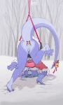  2018 5_fingers anthro bell big_breasts breasts butt christmas claws clothed clothing digital_drawing_(artwork) digital_media_(artwork) dragon elf feet female fingers fur hair holidays humanoid jewelry kuglu lizard long_hair looking_at_viewer open_mouth plug pointy_ears purple_fur pussy reptile scalie snow solo thick_thighs 