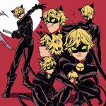  adrien_agreste bell black_bodysuit blonde_hair bodysuit catsuit chat_noir expressions green_sclera heart male_focus miraculous_ladybug moon red_background simple_background sitting smile supako_(suuuu_pa) yellow_eyes 