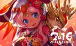  2016 :d bird blue_eyes dark_skin falcon floral_print flower hair_flower hair_ornament hathor_(p&amp;d) headdress horns horus_(p&amp;d) japanese_clothes kimono long_hair new_year nijuu on_shoulder open_mouth pink_hair puzzle_&amp;_dragons smile yellow_eyes 