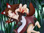  animal_ears bamboo bamboo_forest barefoot breasts brooch brown_hair cleavage collarbone dress eyebrows eyebrows_visible_through_hair fang fingernails forest imaizumi_kagerou jewelry kitsunetsu_(rcu_be1s) long_fingernails long_sleeves looking_at_viewer medium_breasts nail_polish nature open_mouth red_eyes red_nails solo tail touhou wide_sleeves wolf_ears wolf_tail 