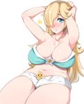  areola_slip areolae belly blonde_hair blue_eyes blush breasts casual chiko_(mario) curvy highres large_breasts long_hair looking_at_viewer mario_(series) moisture_(chichi) navel parted_lips rosetta_(mario) short_shorts shorts simple_background solo super_mario_bros. super_mario_galaxy white_background 