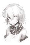  ahoge bare_shoulders blush breasts cleavage clothes_down commentary_request deel_(rkeg) fangs highres hood hoodie hoodie_removed kantai_collection looking_at_viewer medium_breasts monochrome open_clothes re-class_battleship scarf shinkaisei-kan short_hair solo upper_body white_eyes 