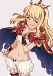  aya_shachou blonde_hair bloomers blush bra breasts cagliostro_(granblue_fantasy) cape crown granblue_fantasy groin hand_on_own_chin highres long_hair looking_at_viewer naughty_face navel open_mouth purple_eyes small_breasts smile solo thighhighs underwear 
