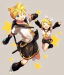  1boy 1girl :d ;d ^_^ bare_legs bass_clef belt blonde_hair blue_eyes closed_eyes detached_sleeves eyebrows_visible_through_hair eyes_closed fingernails full_body grey_background hair_ribbon headset instrument kagamine_len kagamine_rin keyboard_(instrument) leg_up looking_at_viewer musical_note nail_polish navel one_eye_closed open_mouth outstretched_arms ribbon sailor_collar shimada71_72 shirt short_hair shorts simple_background smile star starry_background thighs v vocaloid white_ribbon white_shirt yellow_nails yellow_ribbon 