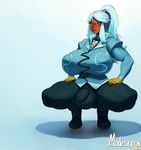  1girl areolae blue_hair breasts copyright_request dark_skin erection futanari gigantic_breasts gigantic_penis huge_breasts huge_penis long_hair nitrotitan penis ponytail smile solo squatting testicles yellow_eyes 