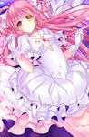  bow commentary dress feathered_wings gloves hair_bow highres kaname_madoka looking_at_viewer mahou_shoujo_madoka_magica pink_hair pink_legwear smile solo space spoilers two_side_up ultimate_madoka vebonbon white_dress white_gloves wings yellow_eyes 