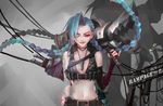  belt blue_hair braid bullets jinx_(league_of_legends) league_of_legends lipstick long_hair makeup pink_eyes ryuukitsueja tattoo twin_braids weapon wink 