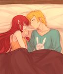  1boy 1girl bed bunny chuu couple hair_down jaune_arc long_hair pillow pixiv_manga_sample pyrrha_nikos red_hair rwby sleeping 