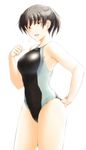  adjusting_clothes adjusting_swimsuit amagami black_eyes black_hair breasts breath competition_swimsuit flying_sweatdrops hand_on_hip highres large_breasts looking_at_viewer one-piece_swimsuit open_mouth ponytail sasaki_akira_(ugc) short_hair smile solo swimsuit tsukahara_hibiki 