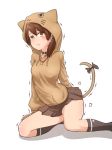  1girl anchor_symbol animal_ears animal_hood black_legwear breasts brown_eyes brown_hair brown_skirt brown_sweater cat_ears cat_hood cat_tail collar commentary_request full_body highres hood hooded_sweater hoodie kantai_collection kneehighs kneeling medium_breasts pleated_skirt school_uniform serafuku shikinami_(kantai_collection) simple_background skirt solo sweater tail tiger_(tiger-kimu) trembling white_background 