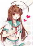  ;d ahoge bad_id bad_pixiv_id brown_eyes brown_hair commentary_request fang gloves hand_on_another's_head heart highres kantai_collection kuma_(kantai_collection) long_hair long_sleeves masayo_(gin_no_ame) navel one_eye_closed open_mouth school_uniform serafuku short_sleeves shorts smile solo_focus white_gloves 