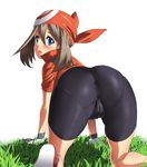  :o ass bandana bike_shorts black_legwear blue_hair blush brown_hair collar covered_anus crotch_seam field from_behind gloves grass hair_between_eyes haruka_(pokemon) highres jacket kneepits looking_at_viewer looking_back mushi_gyouza open_mouth pantylines plant pokemon pokemon_(game) pokemon_rse red_jacket red_ribbon ribbon shoe_soles shoes short_sleeves simple_background skin_tight sneakers socks solo tareme white_background white_gloves 