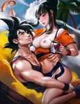  1boy 1girl areolae bangs bikini black_hair blue_panties blunt_bangs blush breasts chi-chi_(dragon_ball) cloud cloudy_sky coffee coffee_mug collarbone couple dragon_ball dragonball_z earrings eyelashes food fork hair_bun heart highres husband_and_wife jewelry long_hair looking_at_another meat mug muscle navel nipples open_mouth palm_tree panties sakimichan short_sleeves sitting sitting_on_lap sitting_on_person sky son_gokuu spiked_hair sweatband swimsuit tank_top tree underwear wristband 