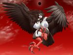  1girl areolae black_sclera breasts feathers flight green_eyes harpy huge_breasts monster_girl nipples odhiumfree open_mouth paradise_lost talons thick_thighs white_skin wings 