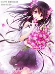  2016 black_hair bouquet breasts d.gray-man dated drugstore04 flower hair_flower hair_ornament happy_birthday lenalee_lee long_hair medium_breasts purple_eyes smile solo twintails 