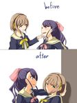  artist_request before_and_after blush brown_hair comic couple english eye_contact green_eyes hair_ornament highres kujou_ume long_hair looking_at_another multiple_girls open_mouth purple_eyes purple_hair ribbon role_reversal school_uniform serafuku short_hair smile tokyo_7th_sisters wall_slam wanibuchi_emoko yuri 