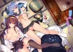  ahoge ass_visible_through_thighs blue_eyes blue_hair blush breasts breasts_apart brown_hair brown_legwear collarbone crop_top crop_top_overhang cup detached_sleeves double_bun elbow_gloves food futon gloves hairband hat headgear highres japanese_clothes kantai_collection kongou_(kantai_collection) kotatsu large_breasts long_hair long_legs looking_at_viewer lying multiple_girls navel nipples no_bra no_panties nontraditional_miko obiwan on_back open_clothes parted_lips pussy pussy_juice revision ribbon-trimmed_sleeves ribbon_trim school_uniform serafuku shirt_lift skirt stomach sushi table tatami teacup teapot thigh_gap tiered_tray urakaze_(kantai_collection) white_gloves white_hat white_legwear 