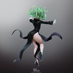  3d absurdres artist_name ass bad_id bad_pixiv_id black_dress black_footwear commentary_request curly_hair dress floating from_behind full_body glowing glowing_hand green_hair high_heels highres leslyzerosix long_sleeves one-punch_man open_hands outstretched_arms skin_tight solo tatsumaki thighs watermark 