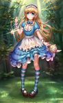  aaeru alice_(wonderland) alice_in_wonderland blonde_hair blue_dress blue_eyes bow bowtie clock dress eyebrows eyebrows_visible_through_hair headdress highres holding kneehighs long_hair looking_at_viewer mary_janes outdoors pigeon-toed shoes smile solo striped striped_bow striped_legwear wrist_cuffs 