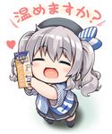  :d ^_^ alternate_costume beret chibi closed_eyes commentary_request employee_uniform hat heart kantai_collection kashima_(kantai_collection) kuroneko_liger lawson open_mouth short_sleeves silver_hair smile solo translated twintails uniform younger 