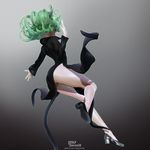  3d absurdres artist_name ass bad_id bad_pixiv_id black_dress black_footwear commentary_request curly_hair dress floating from_behind from_below from_side full_body glowing glowing_hand green_hair high_heels highres leslyzerosix long_sleeves one-punch_man open_hand outstretched_arm pointing pointing_up skin_tight solo tatsumaki thighs watermark 