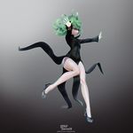  3d absurdres artist_name bad_id bad_pixiv_id black_dress black_footwear commentary_request curly_hair dress floating from_side full_body glowing glowing_hand green_eyes green_hair high_heels highres leslyzerosix long_sleeves navel one-punch_man open_hands outstretched_arms skin_tight solo tatsumaki thighs watermark 