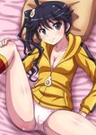  ahoge araragi_karen bakemonogatari bangs bed black_eyes black_hair blurry blush body_blush breasts cameltoe center_opening cleavage closed_mouth collarbone crotch depth_of_field egg_hair_ornament food_themed_hair_ornament from_above hair_between_eyes hair_ornament hand_on_own_knee head_tilt hidaka_toworu hood hood_down hooded_jacket hoodie indoors jacket kneehighs leg_up light_smile long_hair long_legs long_sleeves looking_at_viewer lying monogatari_(series) no_pants on_back on_bed panties pillow side_ponytail single_vertical_stripe small_breasts smile solo spread_legs track_jacket underwear wavy_hair white_panties yellow_jacket zipper 