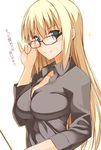  &gt;:) alternate_costume aqua_eyes bespectacled bismarck_(kantai_collection) black-framed_eyewear black_shirt blonde_hair blush breasts closed_mouth collarbone collared_shirt dress_shirt eyebrows eyebrows_visible_through_hair glasses hair_between_eyes highres holding iron_cross kantai_collection large_breasts long_hair long_sleeves looking_at_viewer oota_yuuichi pointer round_eyewear shirt simple_background smile solo sparkle stick translated tsurime upper_body v-shaped_eyebrows very_long_hair white_background 