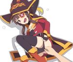  ass assisted_exposure bandages belt black_gloves black_legwear black_panties brown_hair cape collar commentary_request cross dress eyepatch fingerless_gloves gloves hat kono_subarashii_sekai_ni_shukufuku_wo! long_legs lying megumin nanashino on_side open_mouth panties panty_pull pulled_by_another red_eyes short_hair single_thighhigh solo_focus tears thighhighs underwear witch_hat 