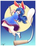  animal_ears aozora_market bare_shoulders barefoot blue_hair bunny_ears dated dress ear_clip food jumping kine mallet mochi open_mouth red_eyes seiran_(touhou) short_sleeves solo touhou 