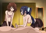  1boy 2girls bed bedroom black_hair blue_eyes bra breasts brown_eyes brown_hair clothed_female_nude_male cum cum_string handjob hibike!_euphonium kousaka_reina long_hair multiple_girls nipples oumae_kumiko penis pleated_skirt skirt topless uncensored underwear watching 