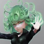 3d bad_id bad_pixiv_id black_dress close-up commentary_request curly_hair dress face foreshortening glowing glowing_hand green_eyes green_hair hands leslyzerosix long_sleeves looking_at_viewer one-punch_man open_hand outstretched_arms solo tatsumaki telekinesis upper_body 