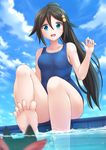  :d air_bubble alternate_costume barefoot black_cat black_hair blue_eyes blue_sky blue_swimsuit blurry blush bubble cat cloud collarbone crossover day depth_of_field eyebrows eyebrows_visible_through_hair feet from_below hair_between_eyes hair_ornament highres izumi_reina kazenokaze long_hair looking_at_viewer musaigen_no_phantom_world nichijou one-piece_swimsuit open_mouth ponytail sakamoto_(nichijou) school_swimsuit sitting sky smile soaking_feet soles sweatdrop swimsuit toes water wavy_mouth 