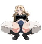  absurdly_fat_mons ass_visible_through_thighs ass_zipper blonde_hair blue_eyes blue_shorts blush cameltoe comiket_90 commentary_request crop_top cutoffs denim denim_shorts eyebrows eyebrows_visible_through_hair fat_mons full_body girls_und_panzer jun_(rojiura_jack) kay_(girls_und_panzer) long_hair looking_at_viewer micro_shorts midriff military military_uniform navel saunders_military_uniform shorts smile solo spread_legs squatting thick_thighs thighhighs thighs uniform white_legwear zipper zipper_pull_tab 
