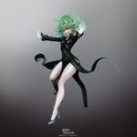  3d absurdres artist_name bad_id bad_pixiv_id black_dress black_footwear commentary_request curly_hair dress floating full_body glowing glowing_hand green_eyes green_hair high_heels highres leslyzerosix long_sleeves looking_at_viewer one-punch_man open_hands outstretched_arms skin_tight solo tatsumaki thighs watermark 