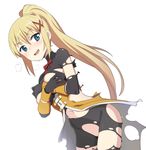  blonde_hair blue_eyes blush bodysuit breasts covering covering_breasts darkness_(konosuba) gloves hair_ornament hairclip kono_subarashii_sekai_ni_shukufuku_wo! long_hair medium_breasts nanashino navel open_mouth ponytail sidelocks smile solo torn_bodysuit torn_clothes 