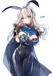  animal_ears artist_name bad_id bad_pixiv_id blue_bow blue_eyes blush bow breasts bunny_ears cape cleavage fake_animal_ears gloves hair_ribbon large_breasts long_hair looking_at_viewer original ribbon silver_hair simple_background solo sukja 
