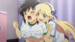  2girls animated animated_gif asuka_(senran_kagura) black_hair blonde_hair blush breast_grab breasts cleavage grabbing green_eyes gym_clothes katsuragi_(senran_kagura) large_breasts long_hair multiple_girls ribbon senran_kagura yuri 