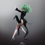 3d absurdres artist_name ass bad_id bad_pixiv_id black_dress black_footwear commentary_request curly_hair dress floating from_side full_body glowing glowing_hand green_eyes green_hair high_heels highres leslyzerosix long_sleeves one-punch_man open_hands outstretched_arms skin_tight solo tatsumaki thighs watermark 