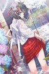  asahikawa_hiyori black_eyes black_hair brick_wall bush candle cherry_blossoms fence flower hair_flower hair_ornament hydrangea hydrangea_hair_ornament looking_back original red_skirt short_hair skirt solo wading wall water wet wet_clothes 