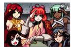  1boy 4girls emerald_sustrai green_hair jadenkaiba looking_at_viewer mercury_black multiple_girls orange_hair penny_(rwby) pixiv_manga_sample pyrrha_nikos red_eyes ruby_rose rwby salute smile 