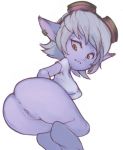  2018 amber_eyes anus bottomless breasts butt clothed clothing conoghi ear_piercing eyewear fangs female goggles hair humanoid league_of_legends long_ears looking_back lying not_furry on_side piercing pose purple_skin pussy rear_view riot_games short_hair short_stack simple_background solo tristana_(lol) video_games white_background white_hair yordle 