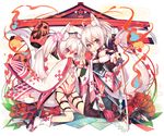  1girl animal_ears arch covering_mouth floral_print fox_ears fox_tail full_body kai-ri-sei_million_arthur katana kneeling lantern long_sleeves looking_at_viewer million_arthur_(series) otoko_no_ko red_eyes simple_background sword tail tattoo thigh_strap torii utm weapon white_background white_hair wide_sleeves 