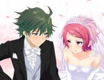  1girl bad_id bad_pixiv_id blue_eyes bride couple dress green_hair groom hair_ornament hairpin hetero ichijou_haruhiko inui_sanagi irritated minase_koito musaigen_no_phantom_world red_eyes red_hair short_hair wedding_dress 