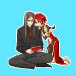  akone alexander_(fate/grand_order) barefoot black_hair braid fate/grand_order fate/stay_night fate/zero fate_(series) full_body glasses handheld_game_console long_hair lord_el-melloi_ii male_focus multiple_boys older playstation_portable red_eyes red_hair waver_velvet 