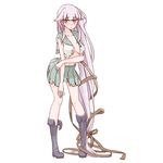  absurdly_long_hair arched_back blush boots breasts buttons collarbone eyebrows eyebrows_visible_through_hair full_body green_eyes hair_flaps hair_ornament hair_ribbon kantai_collection knee_boots long_hair looking_to_the_side low-tied_long_hair medium_breasts messy_hair mikeco navel no_bra pink_hair pleated_skirt ribbon school_uniform serafuku shirt simple_background skirt solo standing torn_clothes torn_shirt torn_skirt very_long_hair white_background yura_(kantai_collection) 